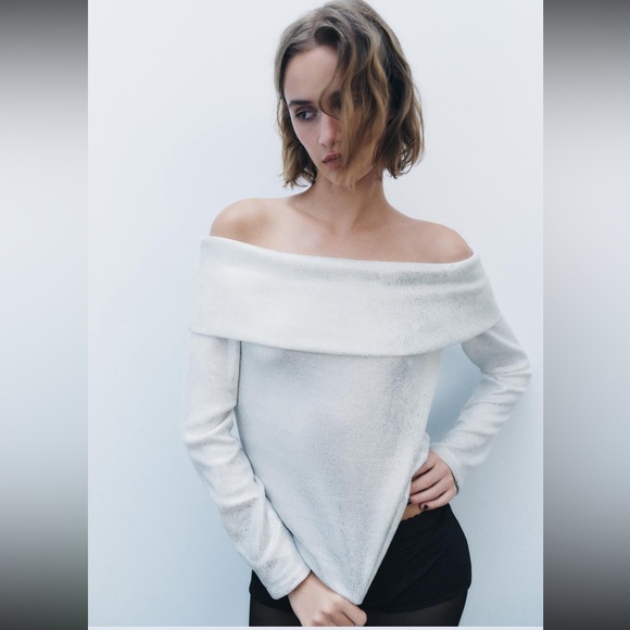 Zara exposed shoulder metallic sweater silver foil - Picture 3 of 13